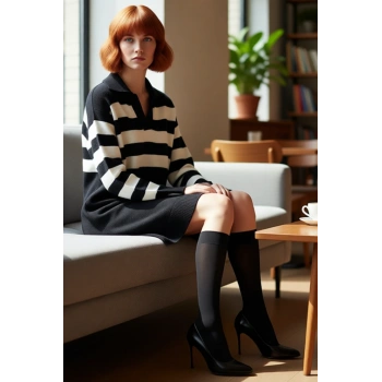 Zarif Kadın Akrilik Triko Çizgili Polo Yaka Uzun Kollu Mini Shift Elbise Günlük Konfor Sunar