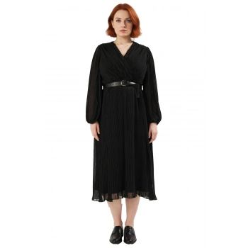 Zarif Kadın Büyük Beden Piliseli Şifon Kruvaze Midi Elbise Uzun Kollu Kemerli Kombin Kaliteli