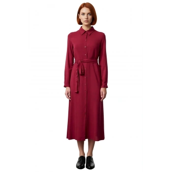 Zarif Kadın Midi Kuşaklı Gömlek Elbise Düz Bordo Viskoz Kumaşı İle Günlük Stilin Tamamlayıcısı