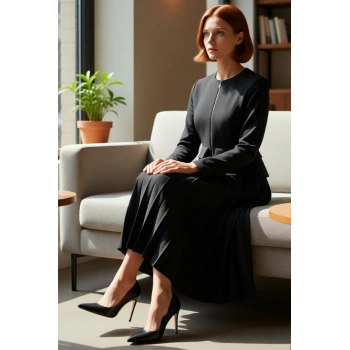 Zarif Kadın Siyah Düz Desenli Uzun Kollu Maxi Elbise Bisiklet Yaka İş Ve Özel Davetler İçin