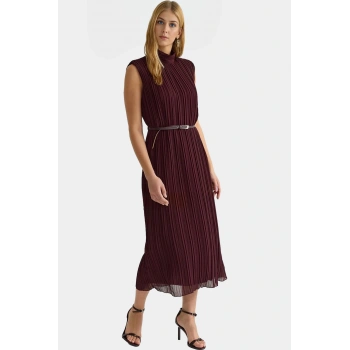 Zarif Kemerli Şifon Midi Elbise  Polyester Yazlık Günlük Profesyonel Görünüm Uzun Ömürlü