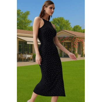 Zarif Midi Abiye Elbise Parlak Taş Detaylı Vücut Şekillendirici Mükemmel Uyum Zarifane Tasarım