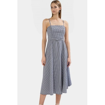 Zarif Midi Boy A Kesim Kareli Elbise Dokuma Kumaş Günlük Yazlık Mükemmel Uyum Uzun Ömürlü