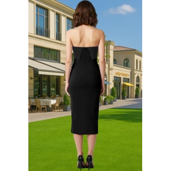 Zarif Midi Boy Straplez Abiye Elbise Finike Dokuma Polyester Karışımlı Yüksek Kalite Yüksek Kalite