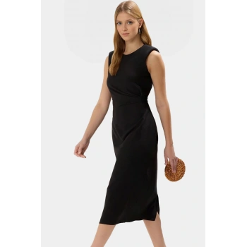 Zarif Midi Elbise Dokuma Kumaştan A line Kesim Yazlık Zarifane Tasarım Dayanıklı Malzeme