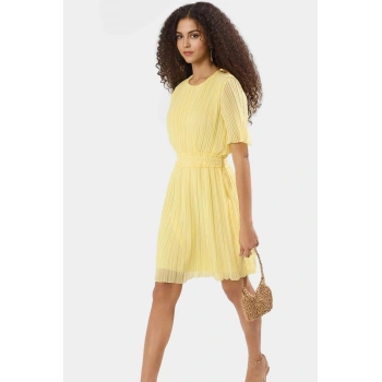 Zarif Piliseli Mini Şifon Elbise Kısa Kollu Bisiklet Yaka Yazlık Günlük Dayanıklı Malzeme