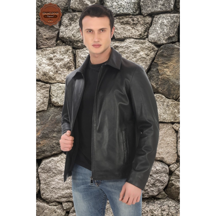 Erkek Modern Günlük Kullanım İçin Derimont Ceket Hakiki Kuzu Derisi Fermuarlı Şık Erkek Model