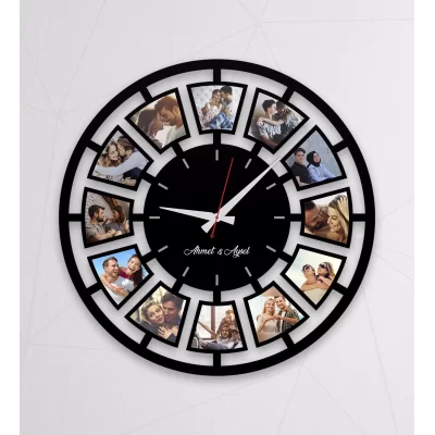 Kişiye Özel 12 Fotoğraflı Ahşap MDF Duvar Saati