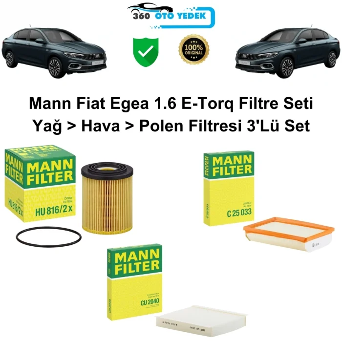 Mann Fiat Egea 1.6 E-Torq Filtre Seti Hava Polen Yağ Filtresi 3Lü Set