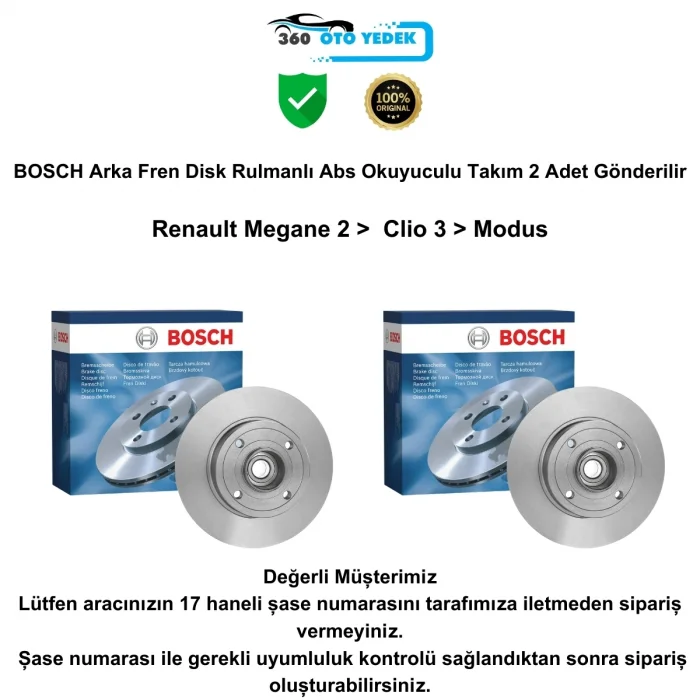 BOSCH 0986479278 Arka Fren Disk Rulmanlı Renault Megane II Clio III Modus