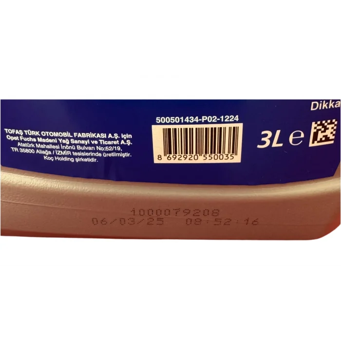 OPAR OLİO S2 5W40 3 LİTRE MOTOR YAĞI 1.4 BENZİN ARAÇLAR İÇİN (Üretim Yılı 2025) OPAR 55175966