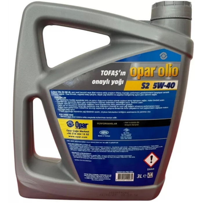OPAR OLİO S2 5W40 3 LİTRE MOTOR YAĞI 1.4 BENZİN ARAÇLAR İÇİN (Üretim Yılı 2025) OPAR 55175966