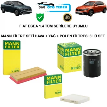 MANN FİAT EGEA 1.4 TÜM SERİLERE UYUMLU FİLTRE SETİ HAVA + YAĞ + POLEN FİLTRESİ 3LÜ SET
