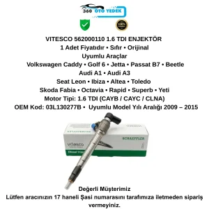 VİTESCO  562000110 Enjektör Volkswagen 1.6 TDI Golf 6 Passat Jetta Polo Caddy Touran