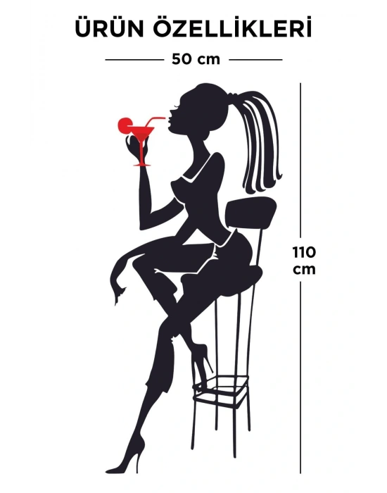 Bar Taburesi Ve Kadın Silüet Dekoratif Dekoratif Duvar Sticker - Duvar Dekoru - Duvar Süsü