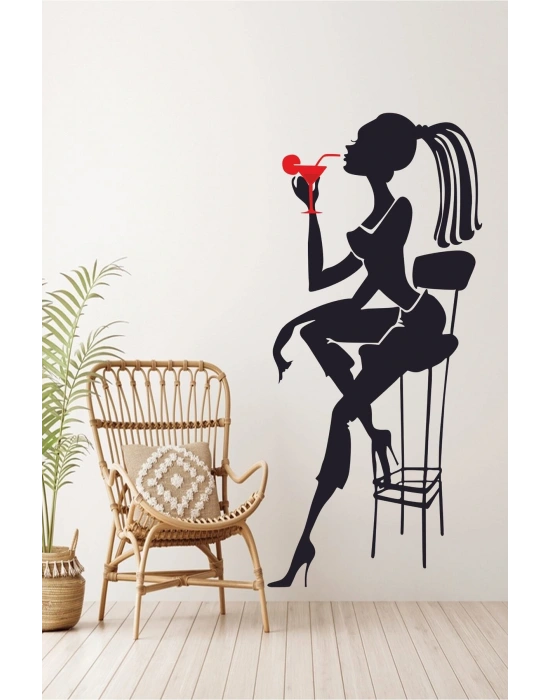 Bar Taburesi Ve Kadın Silüet Dekoratif Dekoratif Duvar Sticker - Duvar Dekoru - Duvar Süsü