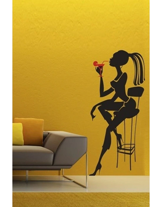 Bar Taburesi Ve Kadın Silüet Dekoratif Dekoratif Duvar Sticker - Duvar Dekoru - Duvar Süsü