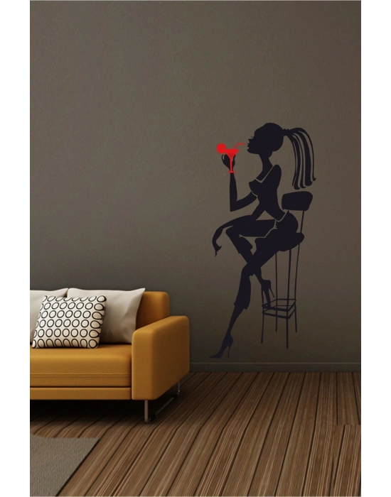 Bar Taburesi Ve Kadın Silüet Dekoratif Dekoratif Duvar Sticker - Duvar Dekoru - Duvar Süsü