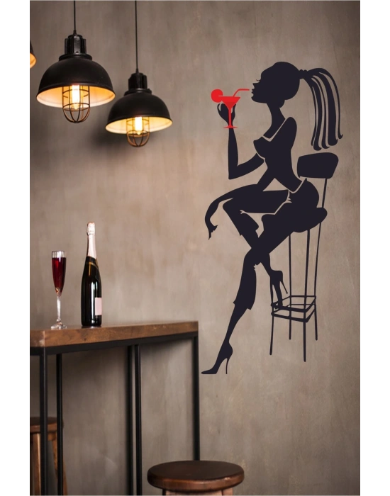 Bar Taburesi Ve Kadın Silüet Dekoratif Dekoratif Duvar Sticker - Duvar Dekoru - Duvar Süsü