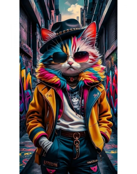 Renkli Kedi Kapı Direk Kaplama Folyosu BASKILI STİCKER Sağ-Sol 2 Adet 22*50 CM