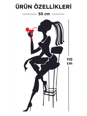 Bar Taburesi Ve Kadın Silüet Dekoratif Dekoratif Duvar Sticker - Duvar Dekoru - Duvar Süsü