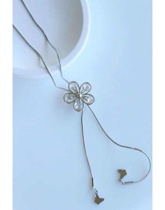 Zarif Asansörlü Lotus Çiçeği Y Tasarım 60 Cm Renk Atmaz Kararmaz Kadın Çelik Kolye