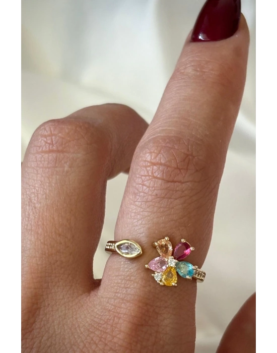 İthal Seri Renkli Zirkon Taşlı Zarif Lotus Çiçeği Tasarım Ayarlanabilir Kadın Çelik Yüzük