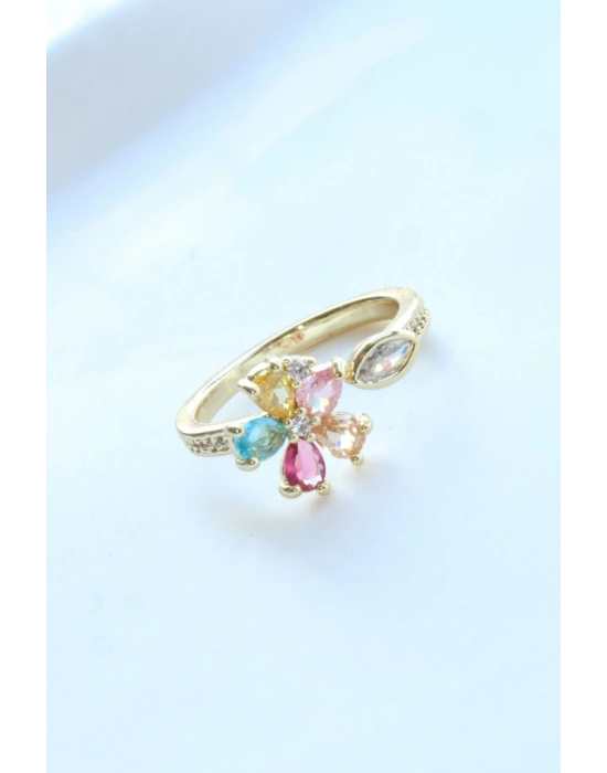 İthal Seri Renkli Zirkon Taşlı Zarif Lotus Çiçeği Tasarım Ayarlanabilir Kadın Çelik Yüzük