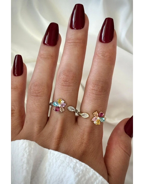 İthal Seri Renkli Zirkon Taşlı Zarif Lotus Çiçeği Tasarım Ayarlanabilir Kadın Çelik Yüzük