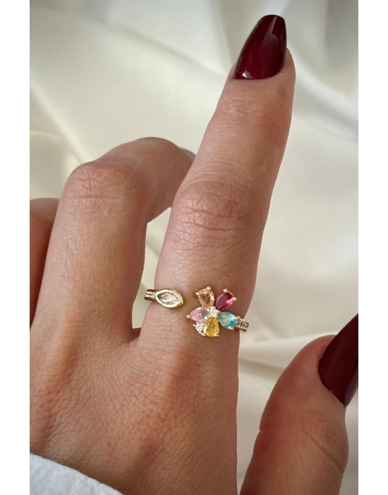 İthal Seri Renkli Zirkon Taşlı Zarif Lotus Çiçeği Tasarım Ayarlanabilir Kadın Çelik Yüzük