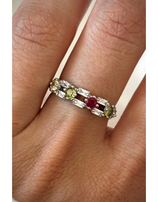 İthal Seri Çift Sıra Renkli Zirkon Taşlı Zarif Tasarım Ayarlanabilir Kadın Çelik Yüzük