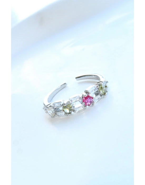 İthal Seri Çift Sıra Renkli Zirkon Taşlı Zarif Tasarım Ayarlanabilir Kadın Çelik Yüzük