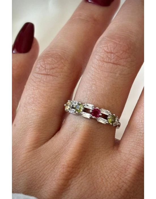 İthal Seri Çift Sıra Renkli Zirkon Taşlı Zarif Tasarım Ayarlanabilir Kadın Çelik Yüzük