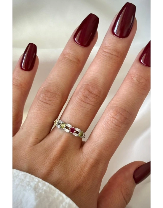 İthal Seri Çift Sıra Renkli Zirkon Taşlı Zarif Tasarım Ayarlanabilir Kadın Çelik Yüzük