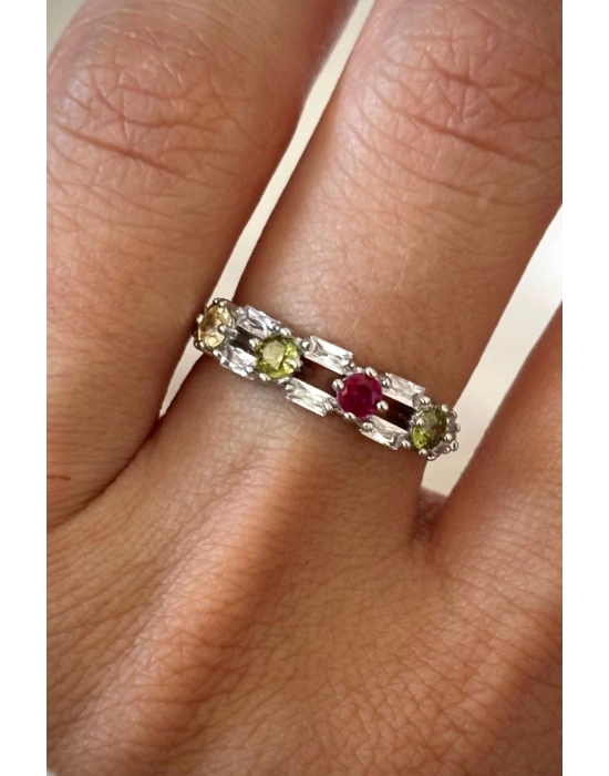 İthal Seri Çift Sıra Renkli Zirkon Taşlı Zarif Tasarım Ayarlanabilir Kadın Çelik Yüzük