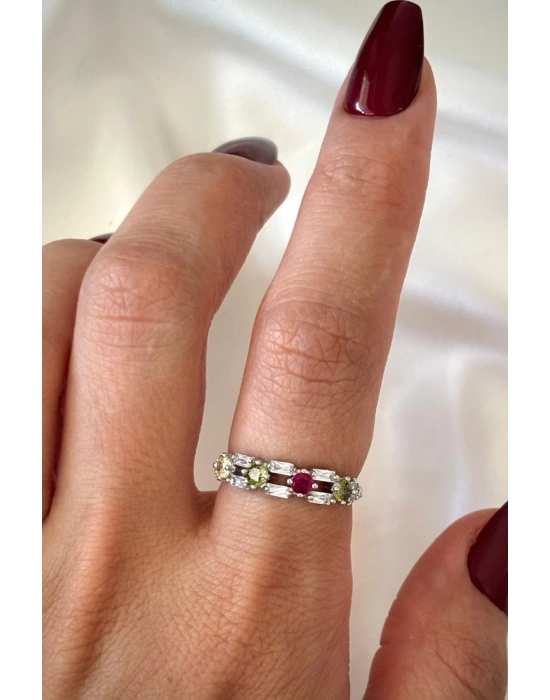 İthal Seri Çift Sıra Renkli Zirkon Taşlı Zarif Tasarım Ayarlanabilir Kadın Çelik Yüzük