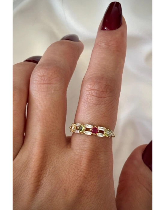 İthal Seri Çift Sıra Renkli Zirkon Taşlı Zarif Tasarım Ayarlanabilir Kadın Çelik Yüzük