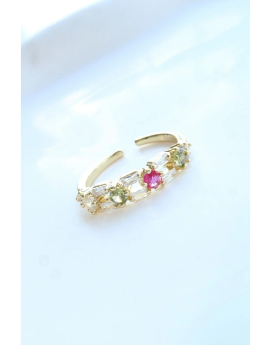 İthal Seri Çift Sıra Renkli Zirkon Taşlı Zarif Tasarım Ayarlanabilir Kadın Çelik Yüzük