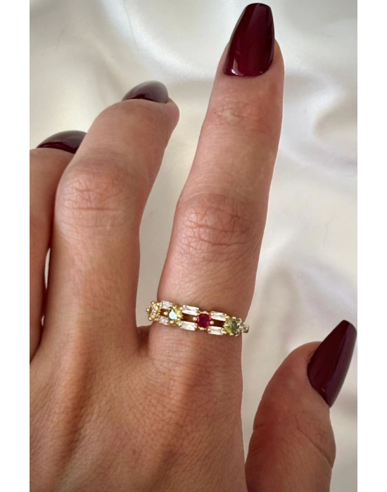 İthal Seri Çift Sıra Renkli Zirkon Taşlı Zarif Tasarım Ayarlanabilir Kadın Çelik Yüzük