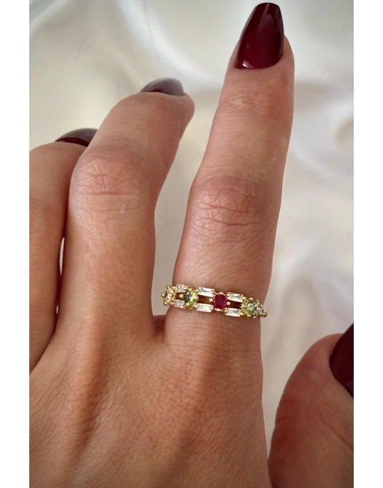 İthal Seri Çift Sıra Renkli Zirkon Taşlı Zarif Tasarım Ayarlanabilir Kadın Çelik Yüzük