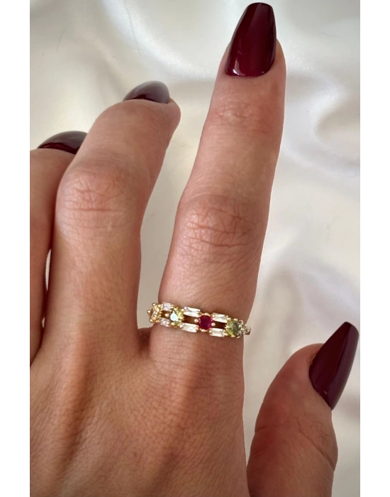 İthal Seri Çift Sıra Renkli Zirkon Taşlı Zarif Tasarım Ayarlanabilir Kadın Çelik Yüzük