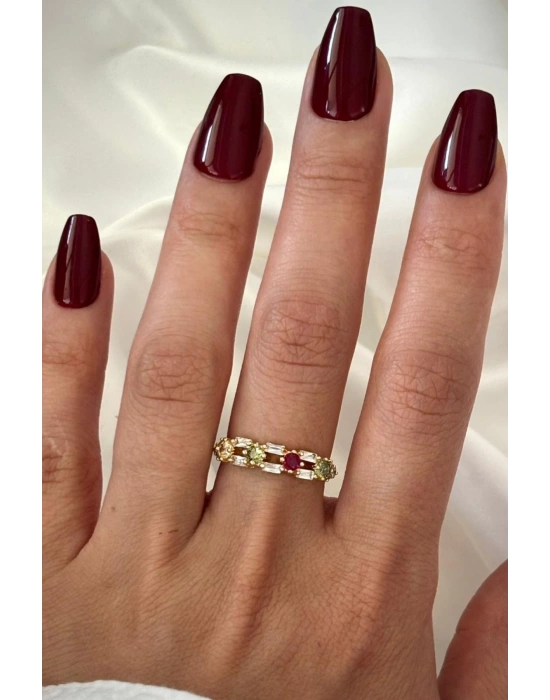 İthal Seri Çift Sıra Renkli Zirkon Taşlı Zarif Tasarım Ayarlanabilir Kadın Çelik Yüzük