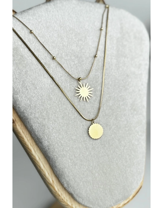 Premium Seri Kuzey Yıldızı Güneş Figürlü İtalyan Toplu Zincir Detaylı 45 Cm Kadın Çelik Kolye