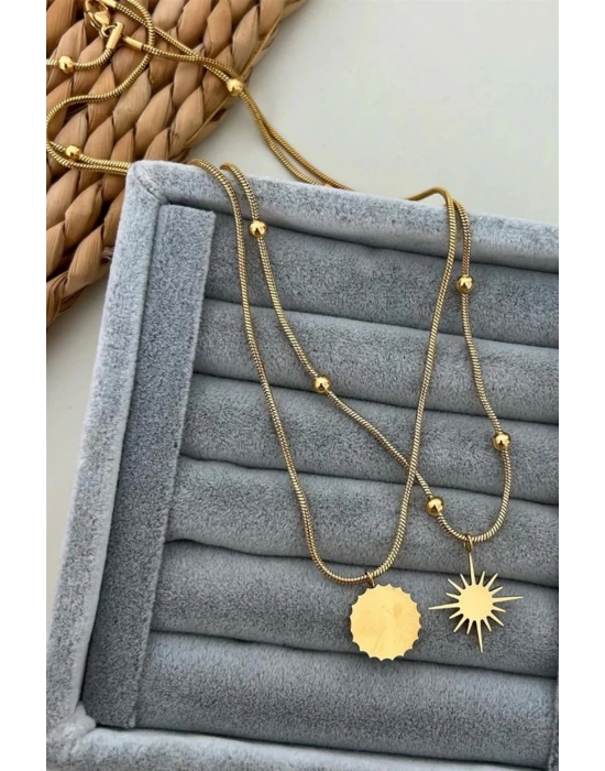 Premium Seri Kuzey Yıldızı Güneş Figürlü İtalyan Toplu Zincir Detaylı 45 Cm Kadın Çelik Kolye