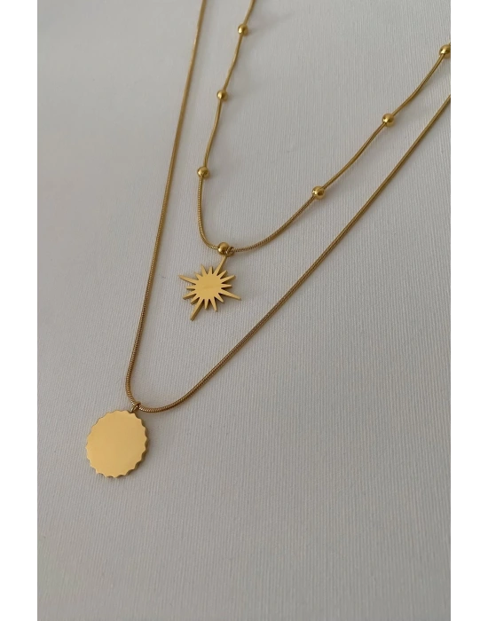 Premium Seri Kuzey Yıldızı Güneş Figürlü İtalyan Toplu Zincir Detaylı 45 Cm Kadın Çelik Kolye