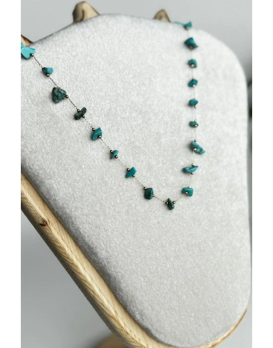 Firuze Taşlı Toplu Zincir Tasarım 45 Cm Kadın Çelik Kolye