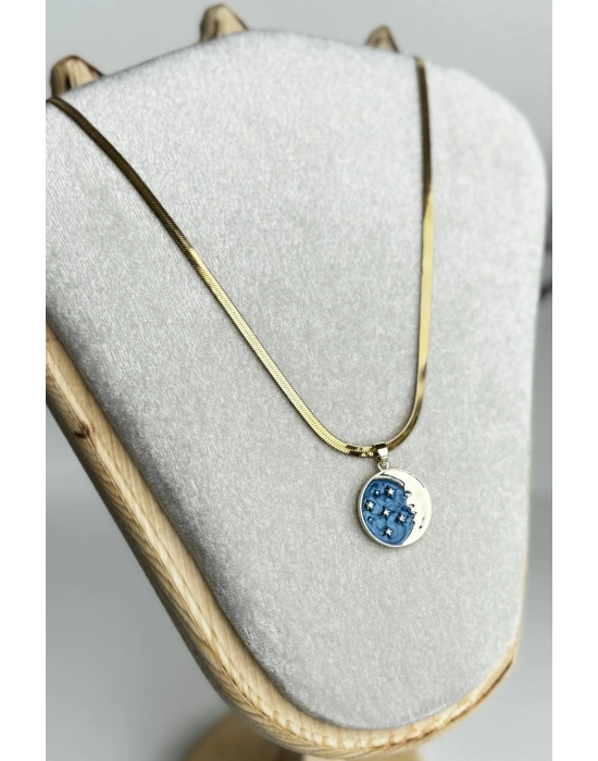 Premıum Seri İtalyan Zincirli Mineli Gece Tasarım 45 Cm Kadın Çelik Kolye