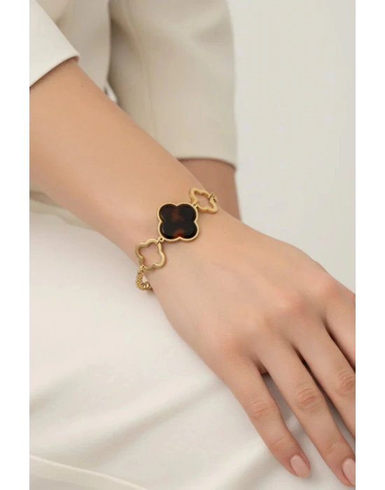 Premıum Seri Marka Model Büyük Leoparlı Yonca Tasarım Kadın Çelik Bileklik