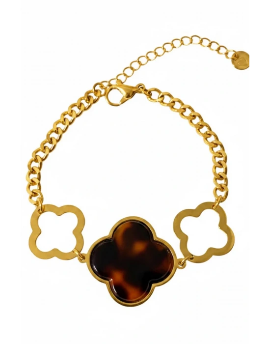 Premıum Seri Marka Model Büyük Leoparlı Yonca Tasarım Kadın Çelik Bileklik