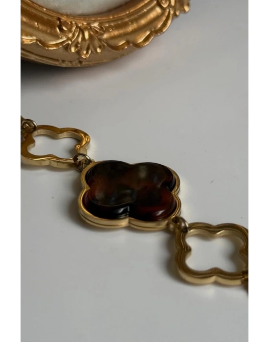 Premıum Seri Marka Model Büyük Leoparlı Yonca Tasarım Kadın Çelik Bileklik